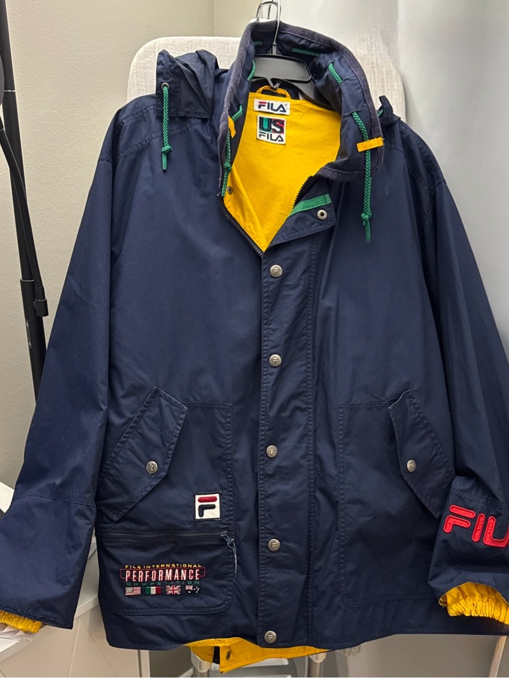 FILA Anorak Cargo Jacket 100% Cotton Parka Rain coat Navy Yellow Sz XL